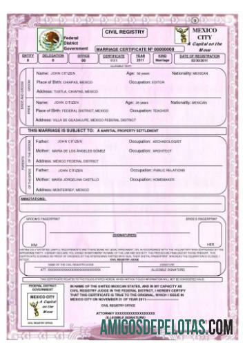 Certidão de Casamento do Registro Civil do México modelo